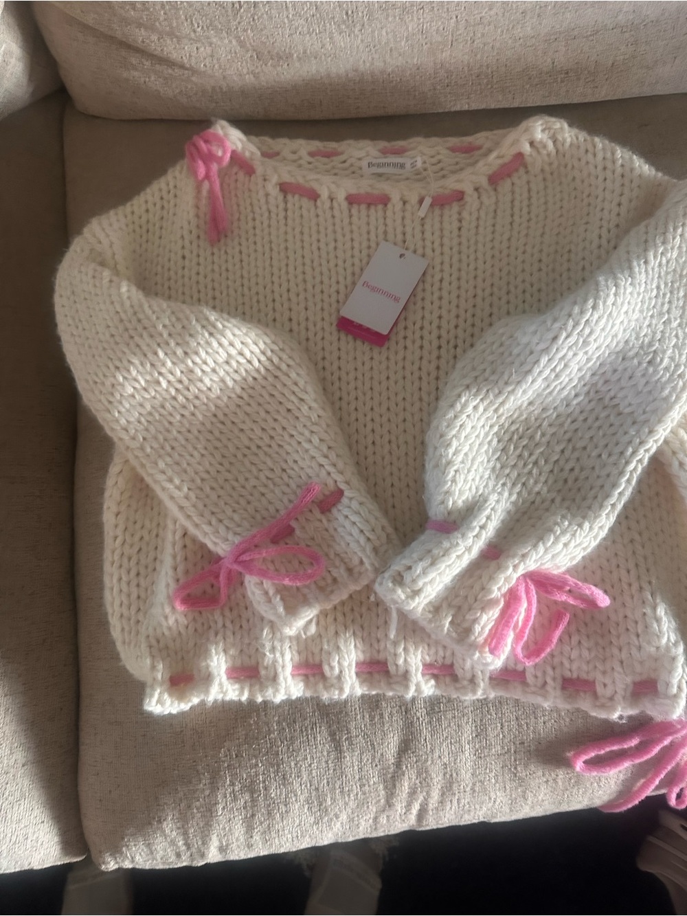 Beginning Boutique Women’s Knit Sweater with Pink Yarn Detail